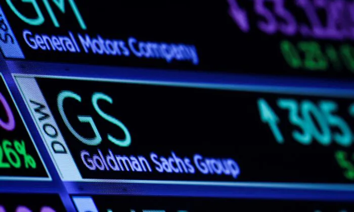 A screen displays the trading information for Goldman Sachs on the floor of the New York Stock Exchange (NYSE) in New York on Oct. 17, 2022. (Brendan McDermid/Reuters)