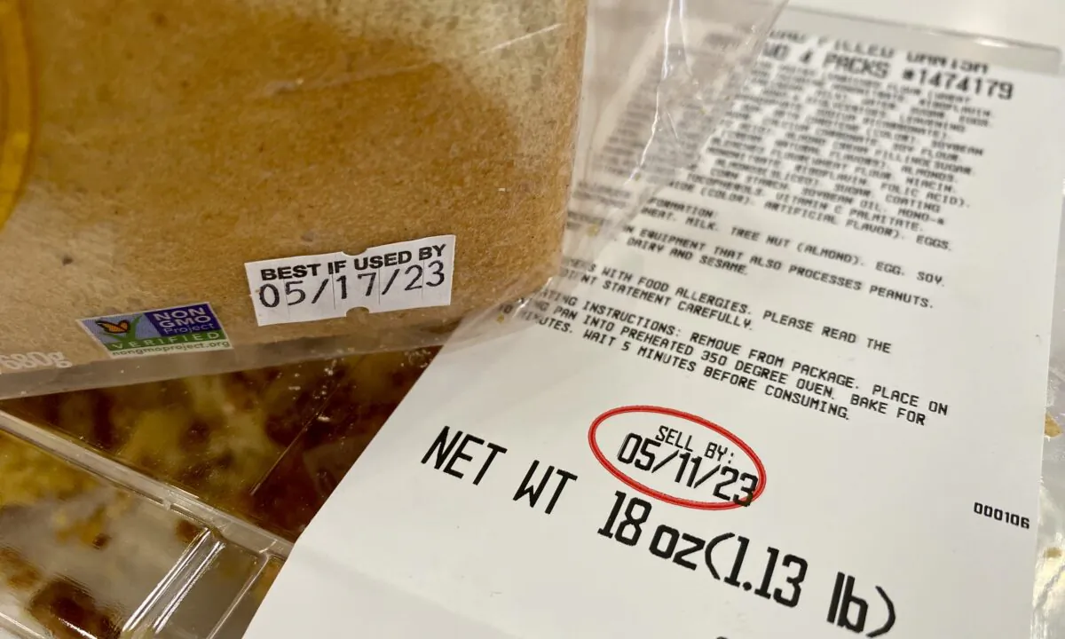 Food products with labels printed with "sell by" and "used by" dates are seen in Irvine, Calif., on May 15, 2023. (Joyce Kuo/The Epoch Times)