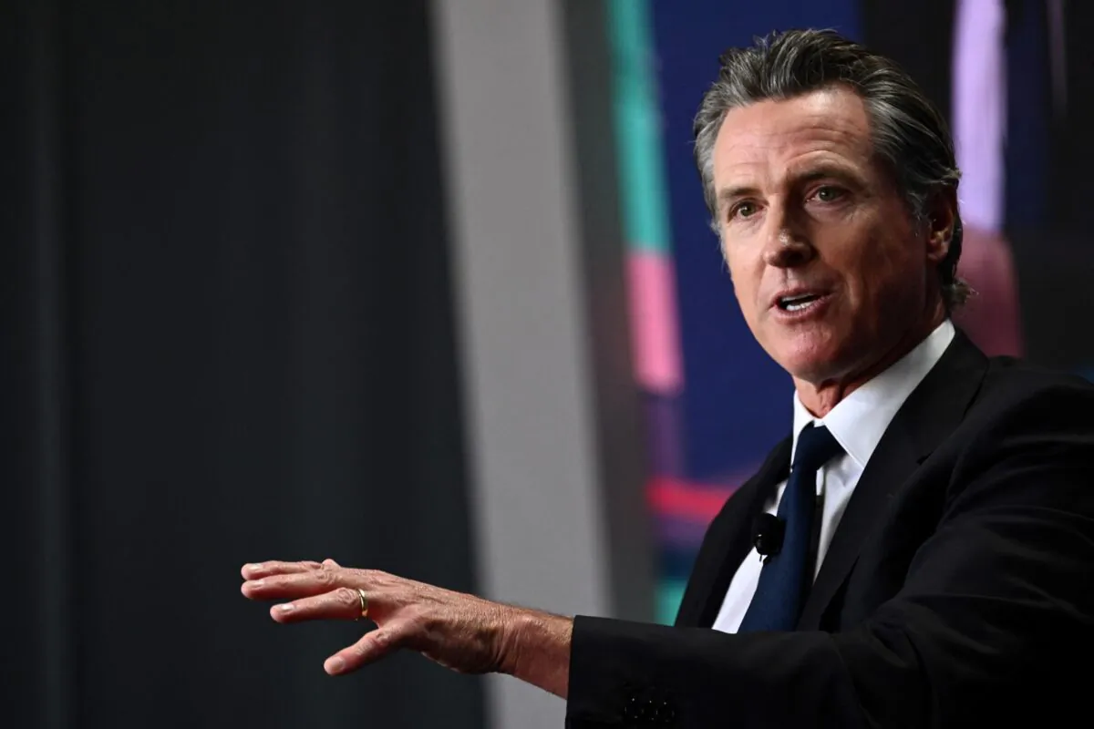 California Governor Gavin Newsom speaks during the Milken Institute Global Conference in Beverly Hills, California on May 2, 2023. (Patrick T. Fallon/AFP via Getty Images)