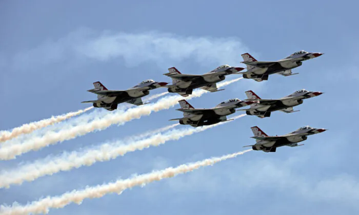 The United States Air Force Thunderbirds fly over the Huntington Beach Pier during the Pacific Airshow in Huntington Beach, Calif., on Oct. 1, 2021. (Michael Heiman/Getty Images)