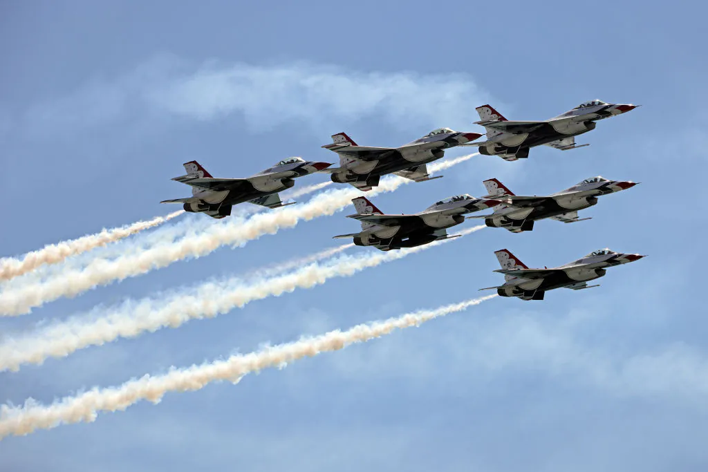 The United States Air Force Thunderbirds fly over the Huntington Beach Pier during the Pacific Airshow in Huntington Beach, Calif., on Oct. 1, 2021. (Michael Heiman/Getty Images)