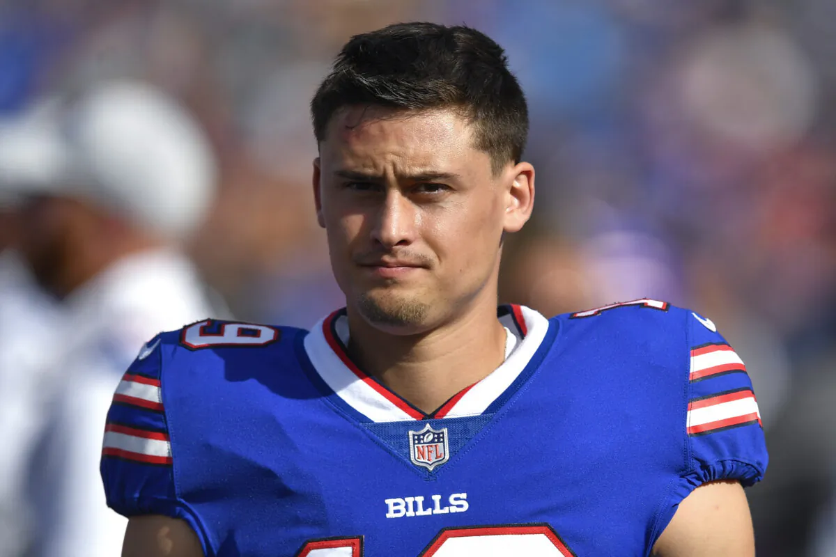 Then-Buffalo Bills punter Matt Araiza walks on the sideline during a pre-season NFL football game against the Indianapolis Colts in Orchard Park, N.Y., on Aug. 13, 2022. (Adrian Kraus/AP Photo)
