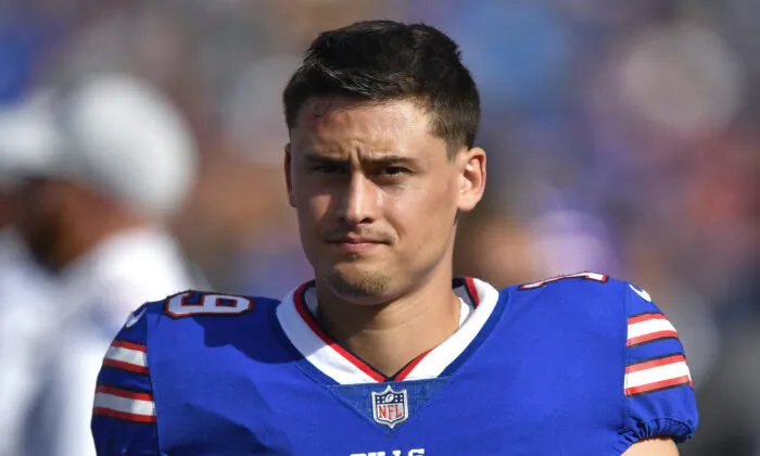 Then-Buffalo Bills punter Matt Araiza walks on the sideline during a pre-season NFL football game against the Indianapolis Colts in Orchard Park, N.Y., on Aug. 13, 2022. (Adrian Kraus/AP Photo)