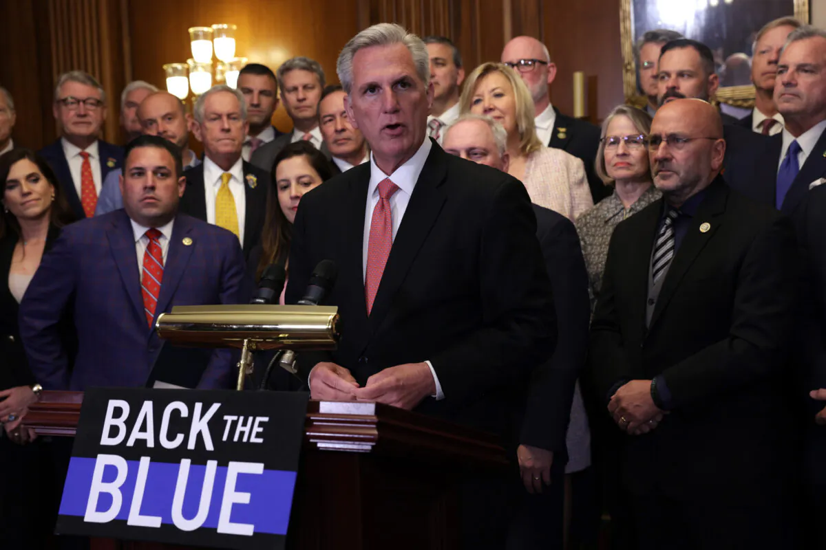 House Speaker Kevin McCarthy (R-Calif.) speaks at a news conference at the Capitol in Washington, D.C., on May 15, 2023. House Republicans were recognizing National Police Week. (Alex Wong/Getty Images)