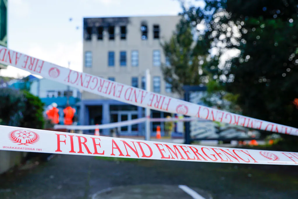 A general view of the scene after a fire at Loafers Lodge in Wellington, New Zealand on May 16, 2023 (Hagen Hopkins/Getty Images)