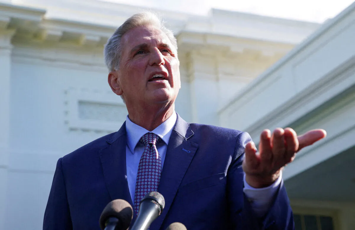 House Speaker Kevin McCarthy (R-Calif.) speaks to reporters outside the West Wing following debt limit talks with President Joe Biden at the White House on May 9, 2023. (Kevin Lamarque/Reuters)