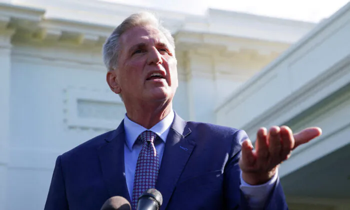 House Speaker Kevin McCarthy (R-Calif.) speaks to reporters outside the West Wing following debt limit talks with President Joe Biden at the White House on May 9, 2023. (Kevin Lamarque/Reuters)