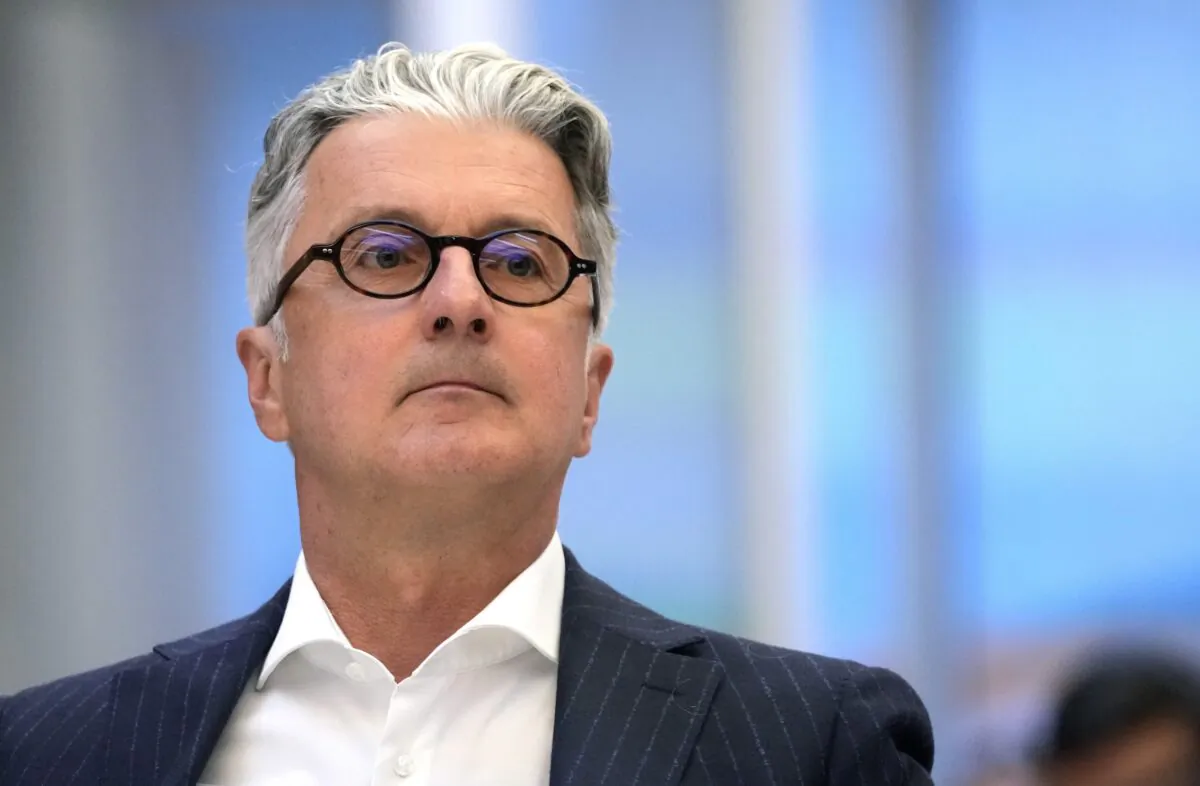 Rupert Stadler, former CEO of German car manufacturer Audi, sits in a regional court room in Munich on May 16, 2023. (Matthias Schrader/AP Photo)