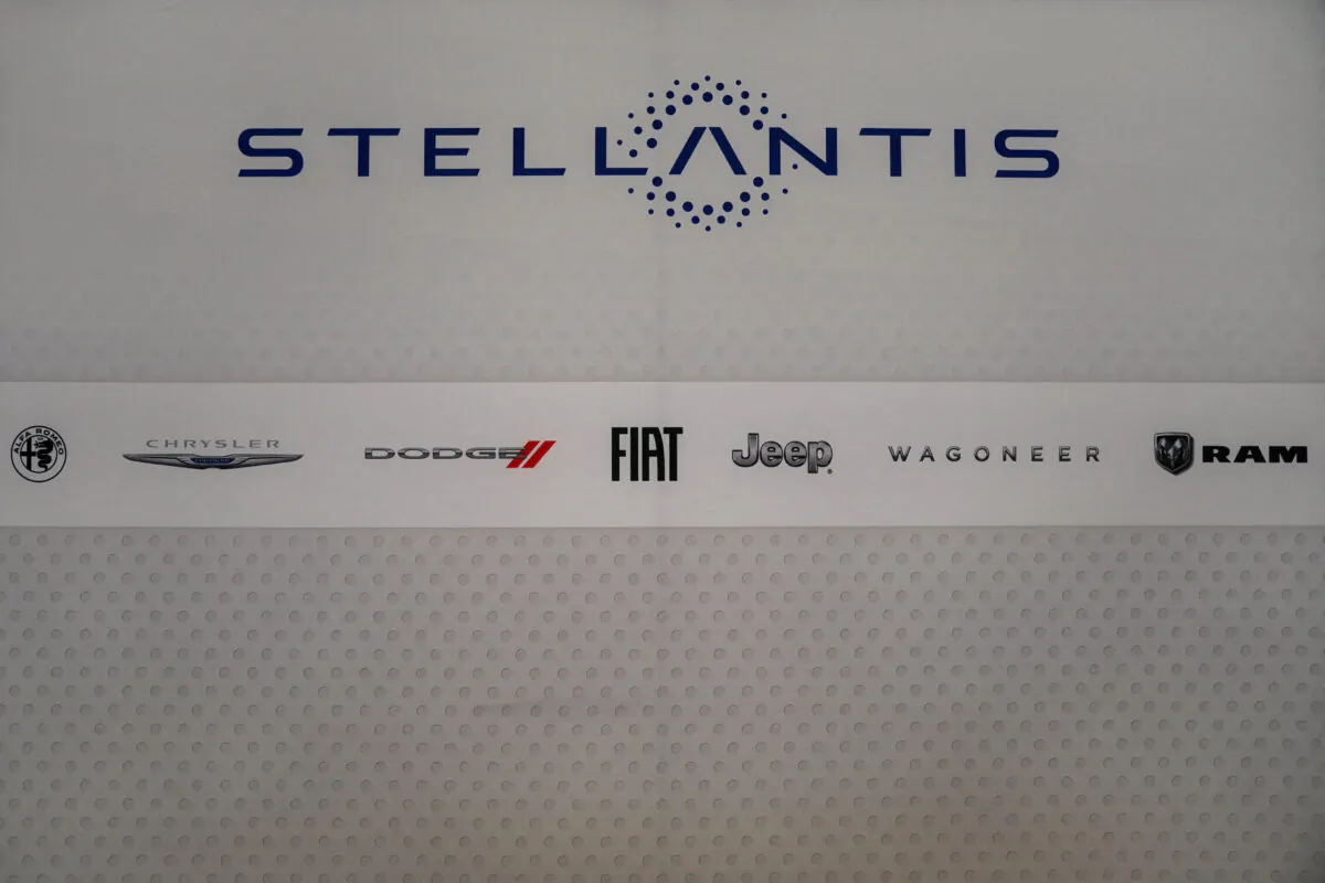 The Stellantis logo during the New York International Auto Show in Manhattan, New York, on April 5, 2023. (David 'Dee' Delgado/Reuters)