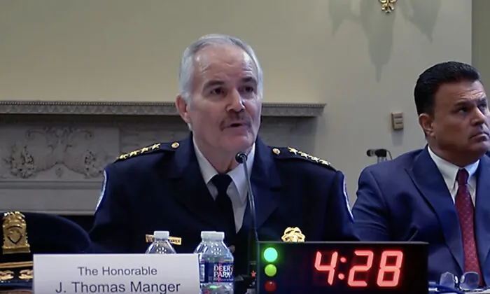 Capitol Police Chief J. Thomas Manger testifies before the Committee on House Administration on May 16, 2023. (House of Representatives/Screenshot via The Epoch Times)