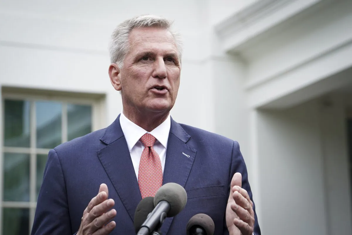 House Speaker Kevin McCarthy (R-Calif.) speaks to the press after meeting President Joe Biden and other leaders at the White House in Washington on May 16, 2023.(Madalina Vasiliu/The Epoch Times)