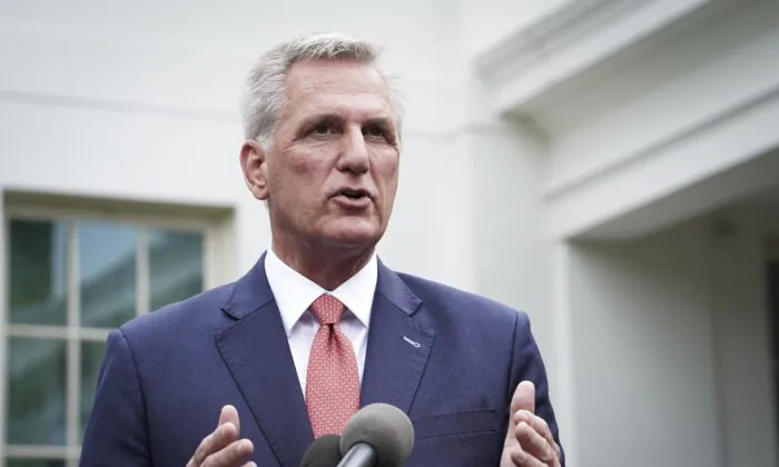 House Speaker Kevin McCarthy (R-Calif.) speaks to the press after meeting President Joe Biden and other leaders at the White House in Washington on May 16, 2023.(Madalina Vasiliu/The Epoch Times)