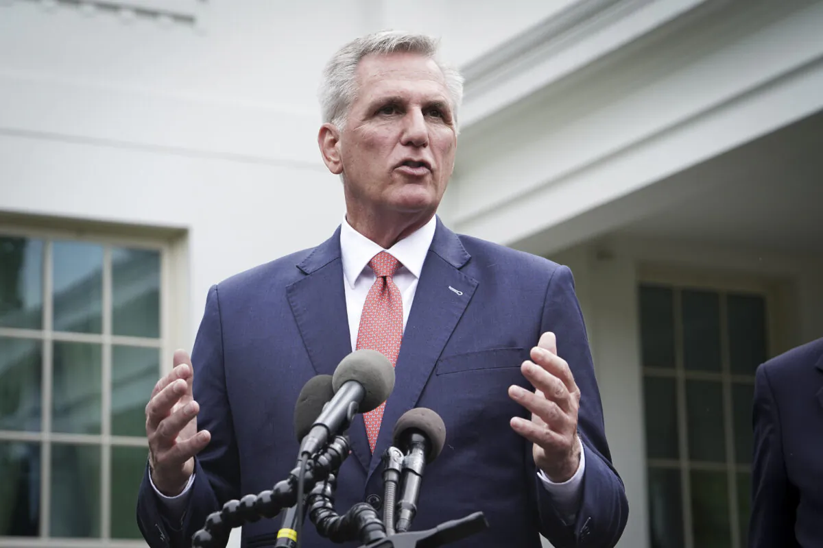 House Speaker Kevin McCarthy (R-Calif.) speaks to the press after meeting President Joe Biden and other leaders at the White House in Washington on May 16, 2023. (Madalina Vasiliu/The Epoch Times)