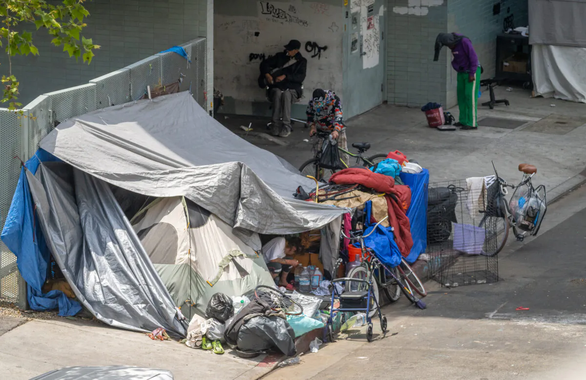 A sidewalk encampment in the Skid Row neighborhood of Los Angeles on May 16, 2023. (John Fredricks/The Epoch Times)