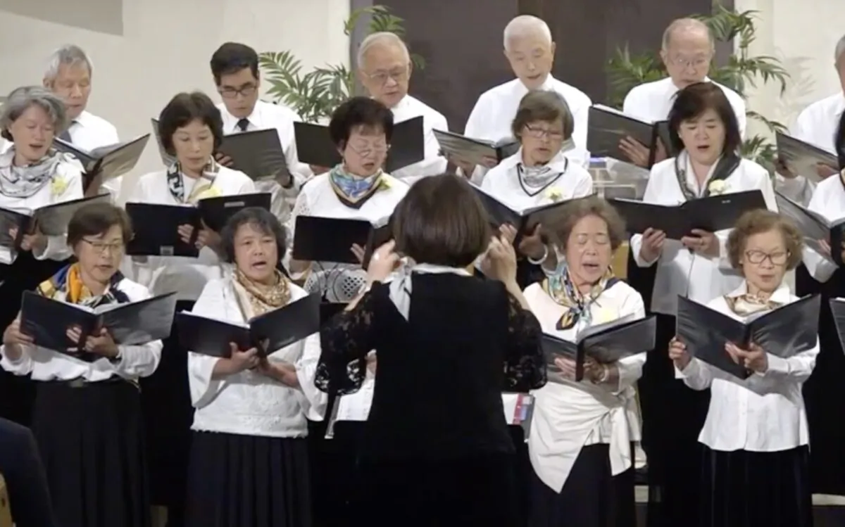 Choir members singing hymn during a commemoration at the Irvine Taiwanese Presbyterian Church in Laguna Woods, Calif., on May 14, 2023. (Annie Wang/NTD Television)
