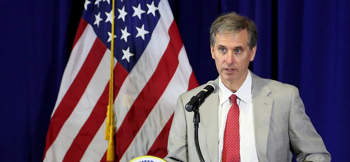 Scott Busby, Deputy Assistant Secretary at the Bureau of Democracy, Human Rights, and Labor of the U.S. Department of State, at a Press Conference in Cambodia. (U.S. Embassy in Cambodia)
