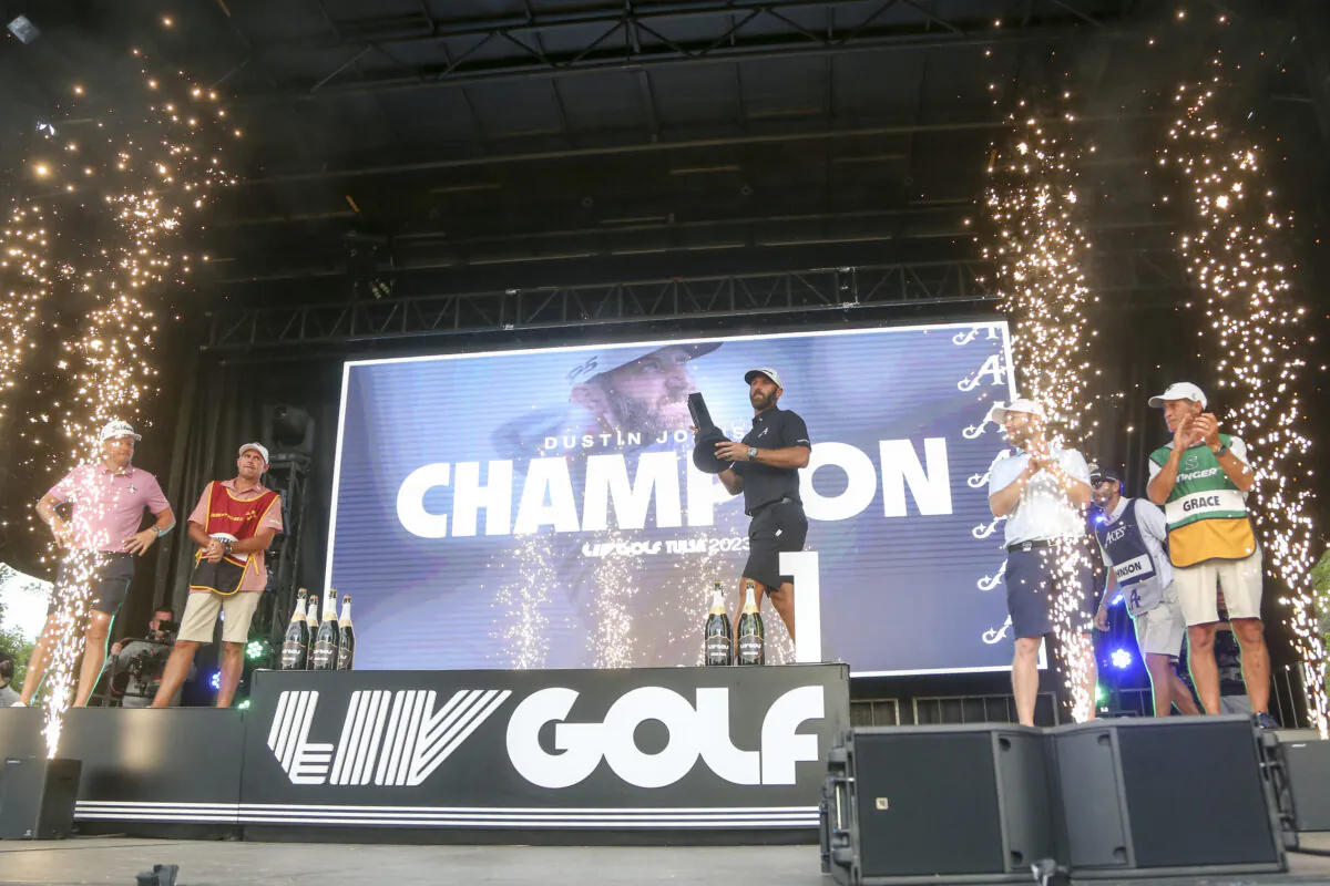 Dustin Johnson of Aces GC celebrates after winning the LIV Golf-Tulsa individual championship during Day Three of the LIV Golf Invitational- Tulsa at Cedar Ridge Country Club in Broken Arrow, Okla., on May 14, 2023. (Ian Maule/Getty Images)