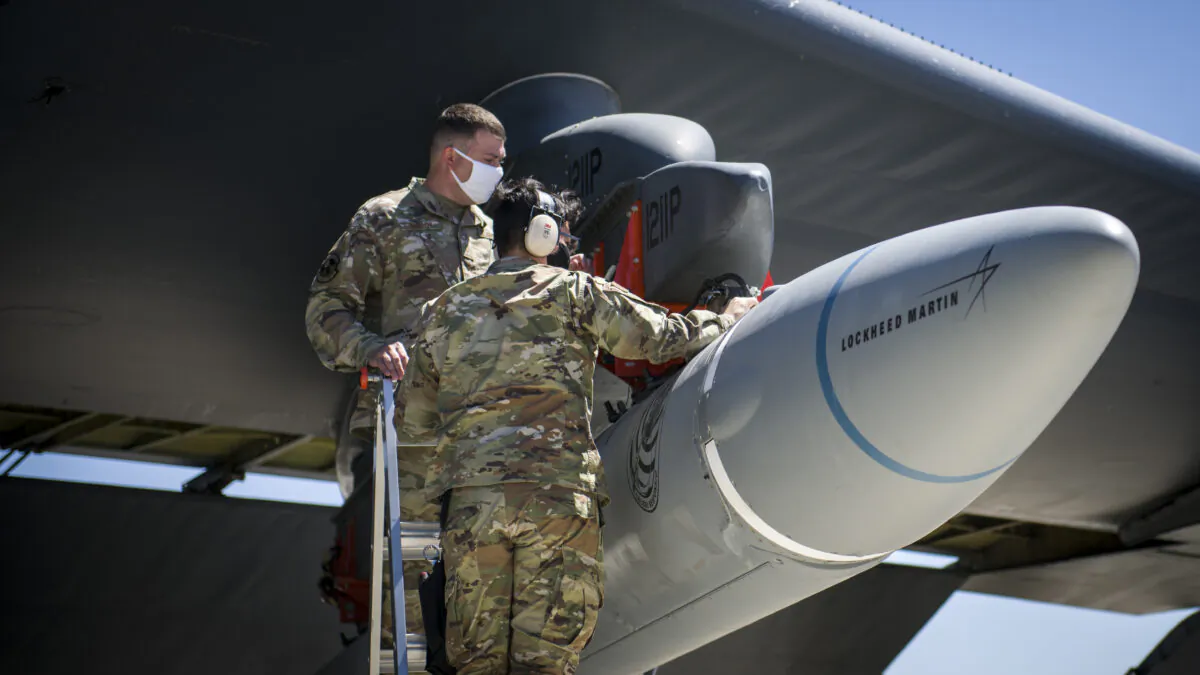 U.S. Air Force airmen secure the AGM-183A Air-launched Rapid Response Weapon Instrumented Measurement Vehicle 2 as it is loaded under the wing of a B-52H Stratofortress at Edwards Air Force Base in Calif. on Aug. 6, 2020.
(Giancarlo Casem/U.S. Air Force)