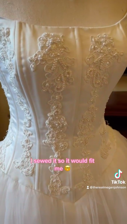 The wedding dress that Megan Johnson thrifted and then transformed into a prom dress.