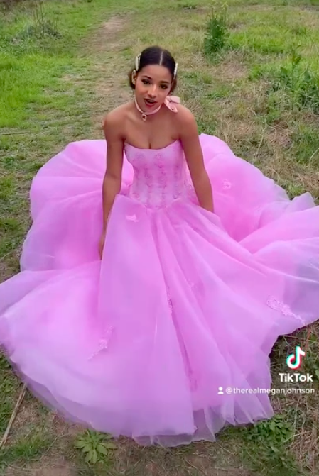 Megan Johnson in the pink color prom dress.