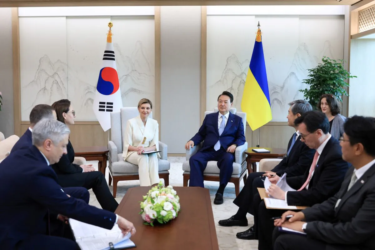 South Korean President Yoon Suk Yeol meets with Ukraine's first lady Olena Zelenska at the Presidential Office in Seoul, South Korea, on May 16, 2023. (The Presidential Office/Handout via Reuters)