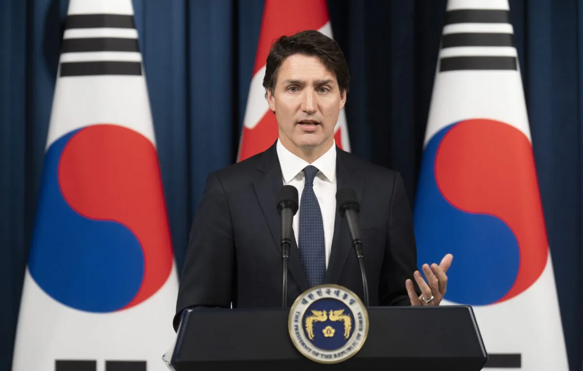 Prime Minister Justin Trudeau responds to a question during a joint news conference with South Korean President Yoon Suk Yeol at the Presidential Office in Seoul, South Korea, on May 17, 2023. (The Canadian Press/Adrian Wyld)