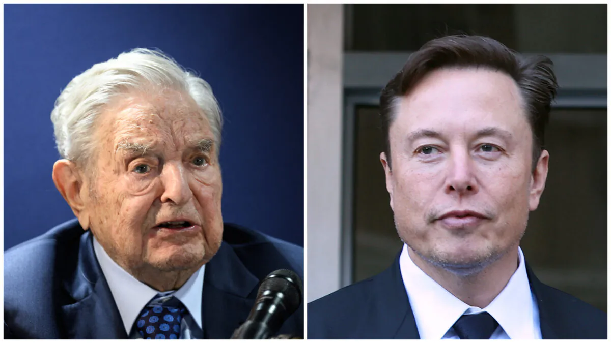 Hungarian-born U.S. investor and philanthropist George Soros (left) in Davos, Switzerland, on May 24, 2022, and Tesla CEO Elon Musk (right) in San Francisco on Jan. 24, 2023. (Fabrice Coffrini/AFP/Justin Sullivan/via Getty Images)