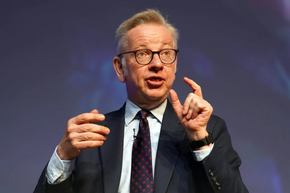 Michael Gove speaks on the second day of the Scottish Conservative party conference at the Scottish Event Campus (SEC) in Glasgow, Scotland, on April 29, 2023. (Andrew Milligan/PA Media)