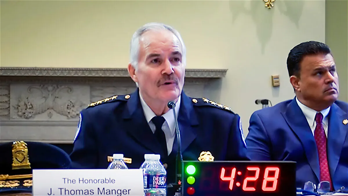 Capitol Police Chief J. Thomas Manger testifies before the Committee on House Administration on May 16, 2023. (House of Representatives/Screenshot via The Epoch Times)
