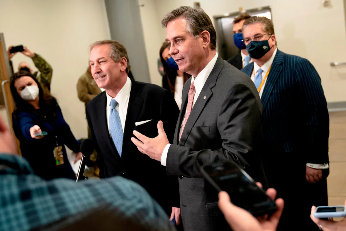 Bruce Castor Jr. (C), speaks to the press after the second impeachment trial of former President Donald Trump on Feb. 13, 2021. (Alex Edelman/AFP via Getty Images)