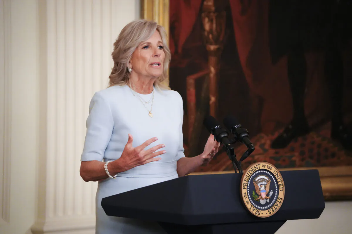 First Lady Jill Biden speaks during an event celebrating Jewish American Heritage Month at the White House in Washington on May 16, 2023. (Madalina Vasiliu/The Epoch Times)
