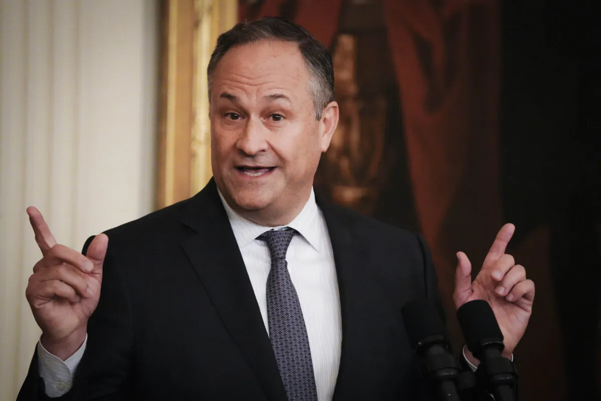 Then-U.S. Second Gentleman Doug Emhoff speaks during an event celebrating Jewish American Heritage Month at the White House on May 16, 2023. (Madalina Vasiliu/The Epoch Times)