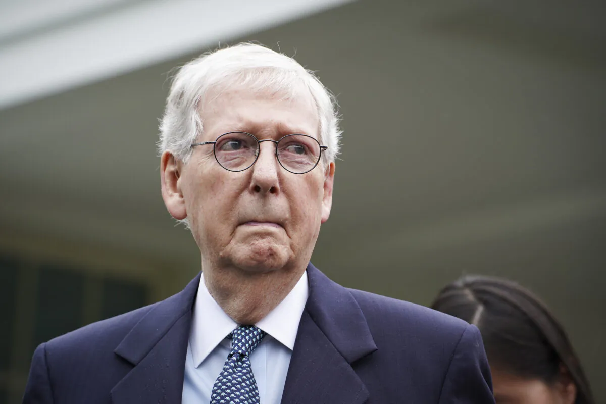 Senate Minority Leader Mitch McConnell (R-Ky.) speaks to the press after meeting President Joe Biden and other leaders at the White House on May 16, 2023. (Madalina Vasiliu/The Epoch Times)
