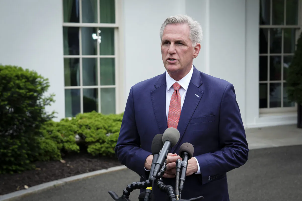 House Speaker Kevin McCarthy (R-Calif.) speaks to the press after meeting President Joe Biden and other leaders at the White House in Washington on May 16, 2023. (Madalina Vasiliu/The Epoch Times)