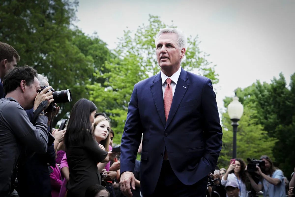 House Speaker Kevin McCarthy (R-Calif.) speaks to the press after meeting President Joe Biden and other leaders at the White House on May 16, 2023. (Madalina Vasiliu/The Epoch Times)