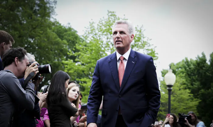 House Speaker Kevin McCarthy (R-Calif.) speaks to the press after meeting President Joe Biden and other leaders at the White House on May 16, 2023. (Madalina Vasiliu/The Epoch Times)