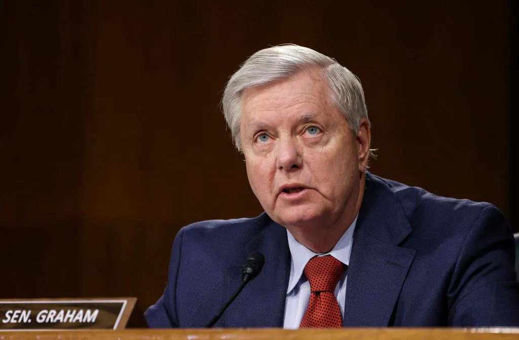 Sen. Lindsey Graham (R-S.C.) speaks during the Senate Committee on Appropriations hearing on the 2022 budget for the Defense Department, on Capitol Hill, on June 17, 2021. (Evelyn Hockstein/Pool/AFP via Getty Images)