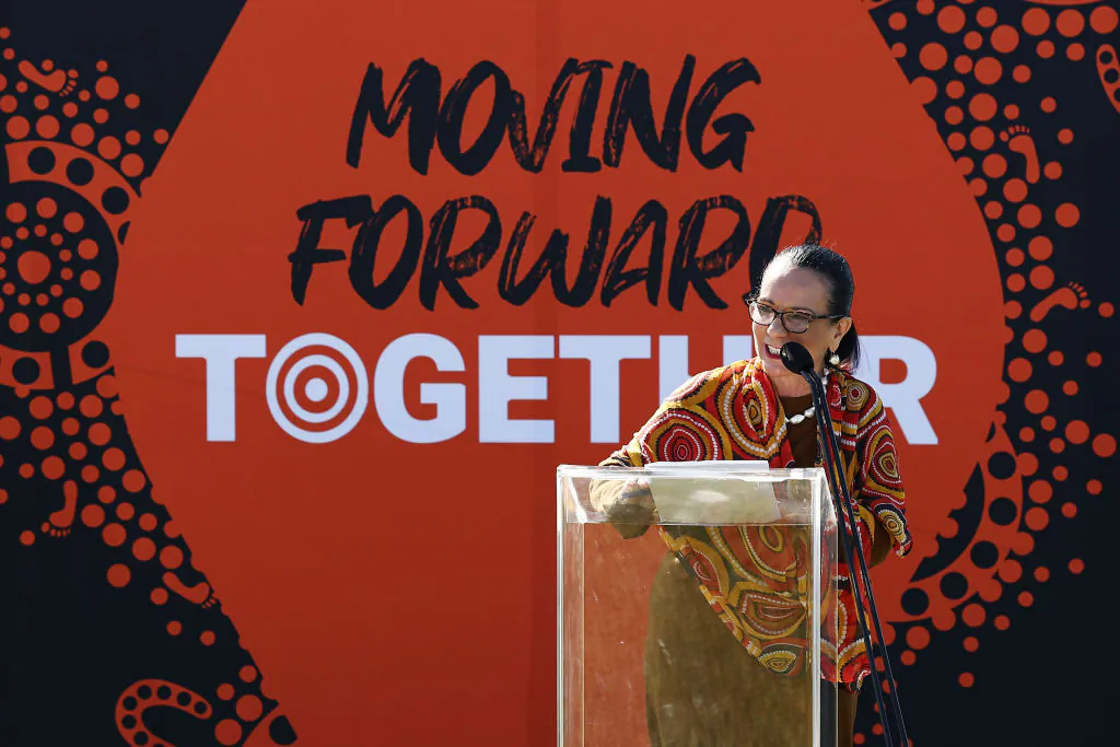 Minister for Indigenous Australians Linda Burney speaks during the NRL Indigenous Round Launch 2023 at Bare Island in Sydney, Australia on May 16, 2023. (Matt King/Getty Images)