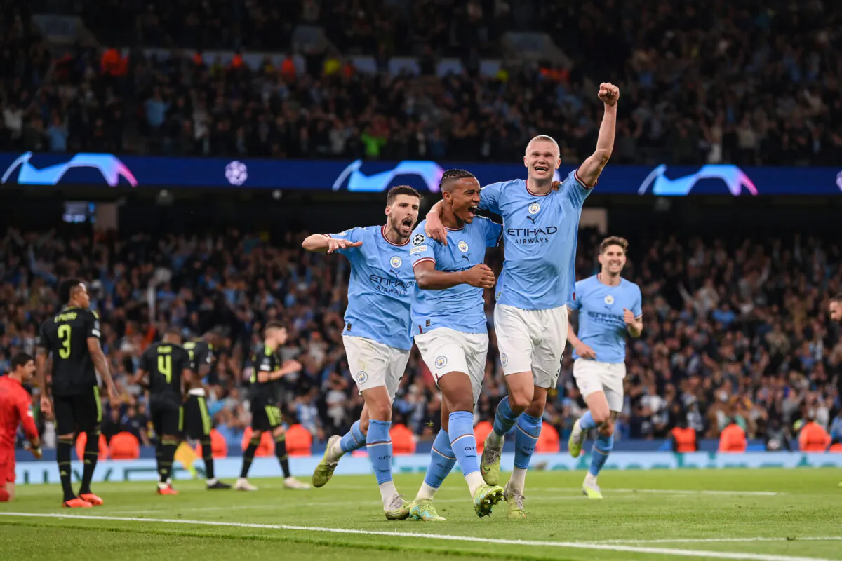 Manuel Akanji celebrates with Erling Haaland of Manchester City after scoring the team's third goal during the UEFA Champions League semi-final second leg match between Manchester City FC and Real Madrid at Etihad Stadium in Manchester, England, on May 17, 2023. (Michael Regan/Getty Images)