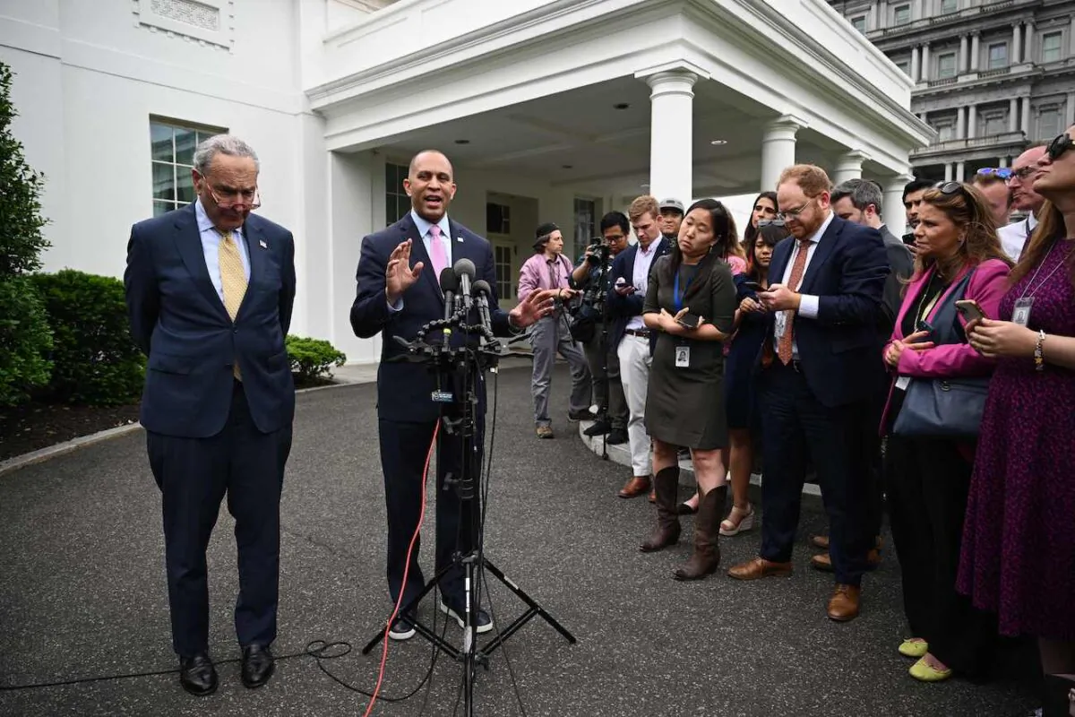 Senate Majority Leader Chuck Schumer (D-N.Y.) and House Minority Leader Hakeem Jeffries (D-N.Y.) speak to members of the media following a meeting on the debt limit with US President Joe Biden (not pictured) at the White House in Washington on May 16, 2023. (Mandel Ngan/AFP via Getty Images)