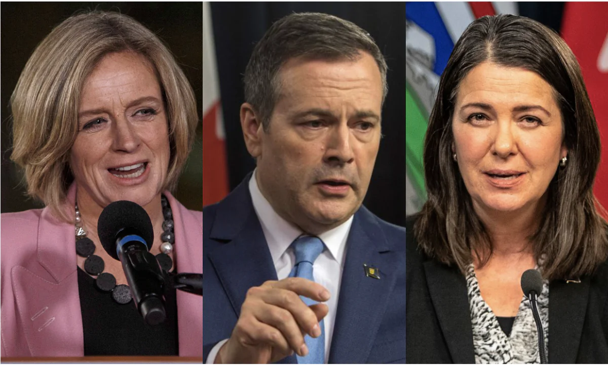 (L-R) Then-NDP Alberta Premier Rachel Notley in 2018, Then-UCP Alberta Premier Jason Kenney in 2019, and current Alberta UCP Premier Danielle Smith in 2022. (The Canadian Press/Ryan Remiorz; Amber Bracken; Jason Franson)