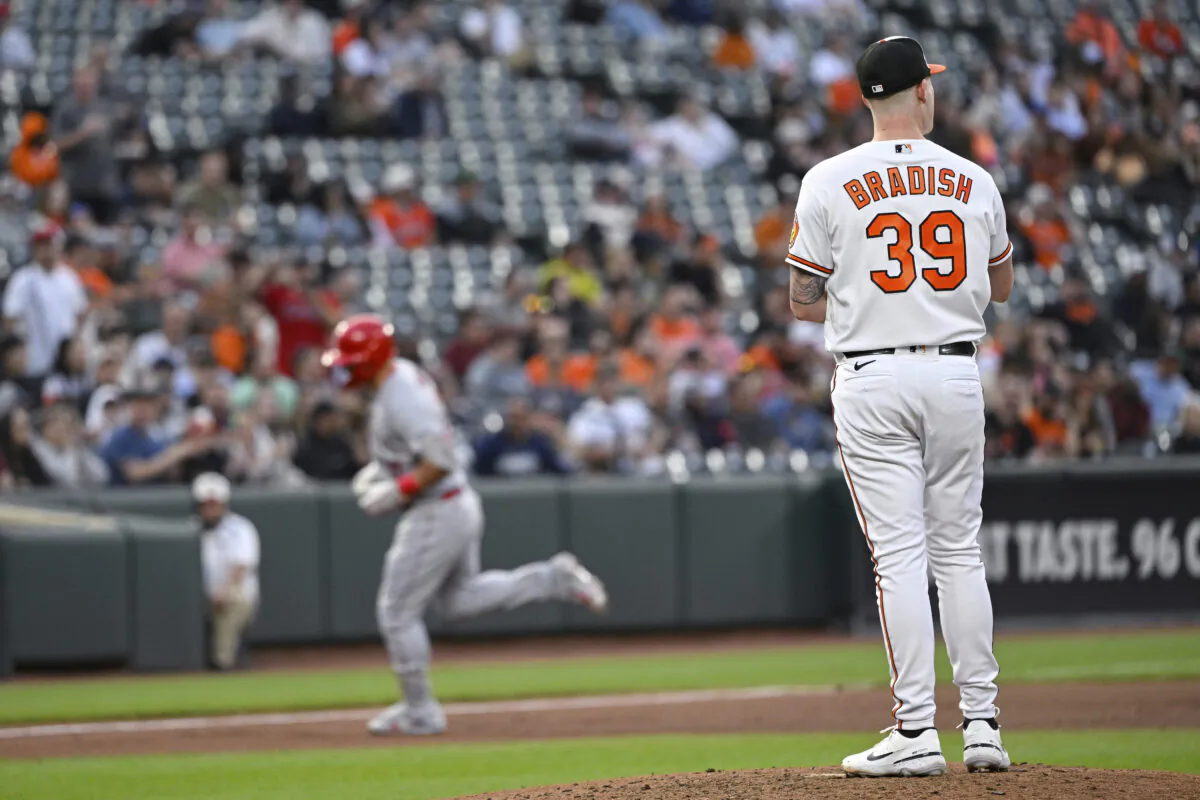 Baltimore Orioles starting pitcher Kyle Bradish (39) looks on after surrendering a solo home run to Los Angeles Angels' Mike Trout during the fourth inning of a baseball game in Baltimore May 17, 2023. (Terrance Williams/AP Photo)