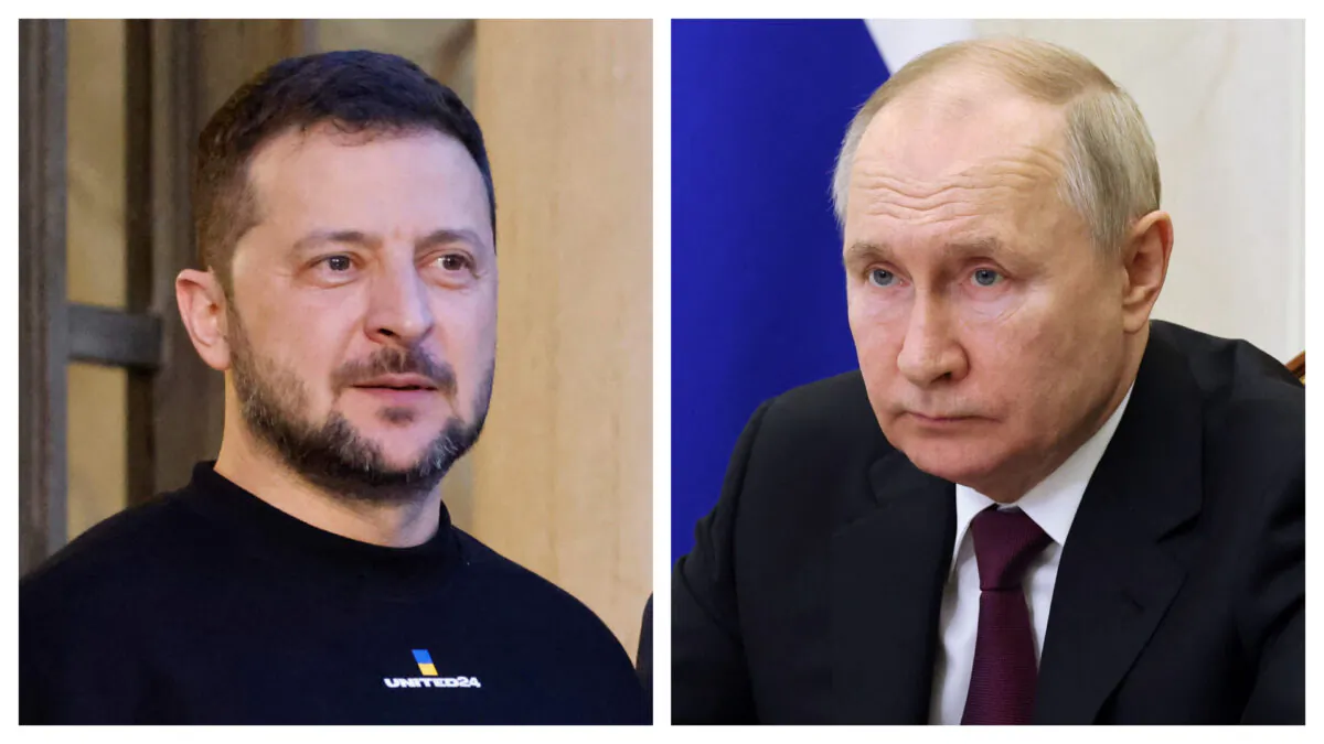 (L) Ukraine's President Volodymyr Zelenskyy in Paris on May 14, 2023. (Ludovic Marin/AFP via Getty Images); (R) Russian President Vladimir Putin at the Kremlin in Moscow on May 17, 2023. (Mikhail Klimentyev/Sputnik/AFP via Getty Images)