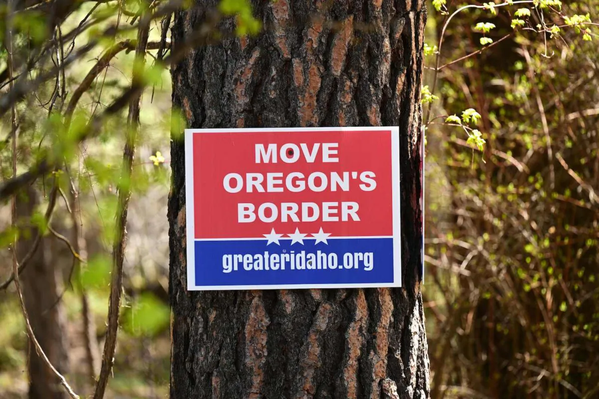 A sign for the Greater Idaho movement is displayed in Joseph, Oregon, on May 12, 2023. (Robyn Beck/AFP via Getty Images)