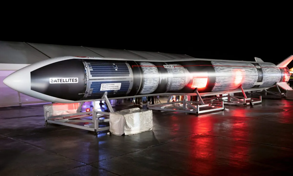 A model of the LauncherOne rocket as Cosmic Girl, a Boeing 747-400 aircraft, prepares to take off at Cornwall Airport Newquay, United Kingdom, on Jan. 9, 2023. (Matthew Horwood/Getty Images)