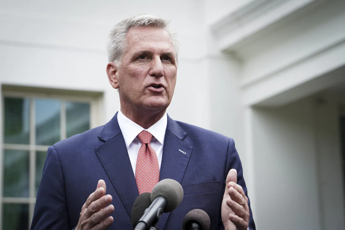 House Speaker Kevin McCarthy (R-Calif.) speaks to the press after meeting President Joe Biden and other leaders at the White House in Washington on May 16, 2023. (Madalina Vasiliu/The Epoch Times)