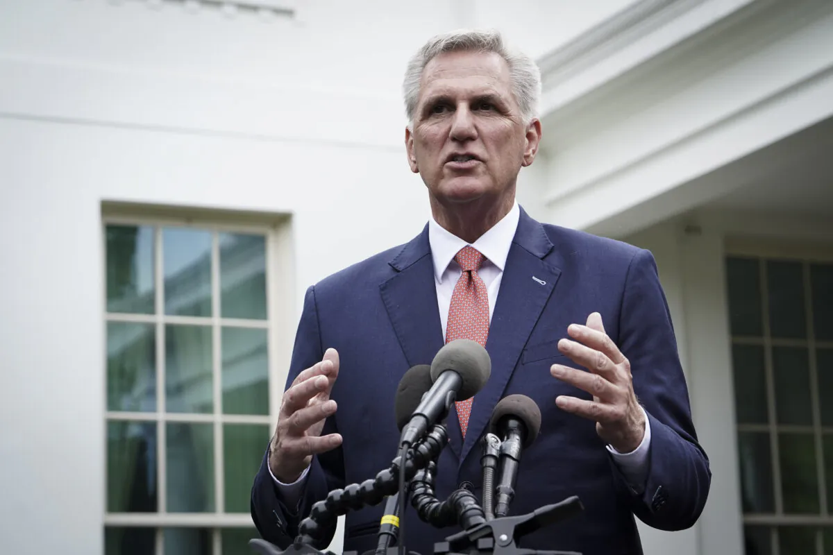 House Speaker Kevin McCarthy (R-Calif.) speaks to the press after meeting President Joe Biden and other leaders at the White House in Washington on May 16, 2023. (Madalina Vasiliu/The Epoch Times)