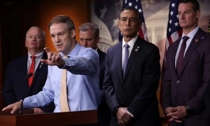 Rep. Jim Jordan (R-Ohio) speaks during a news conference on “FBI whistleblower testimony” at the U.S. Capitol in Washington on May 18, 2023. (Alex Wong/Getty Images)