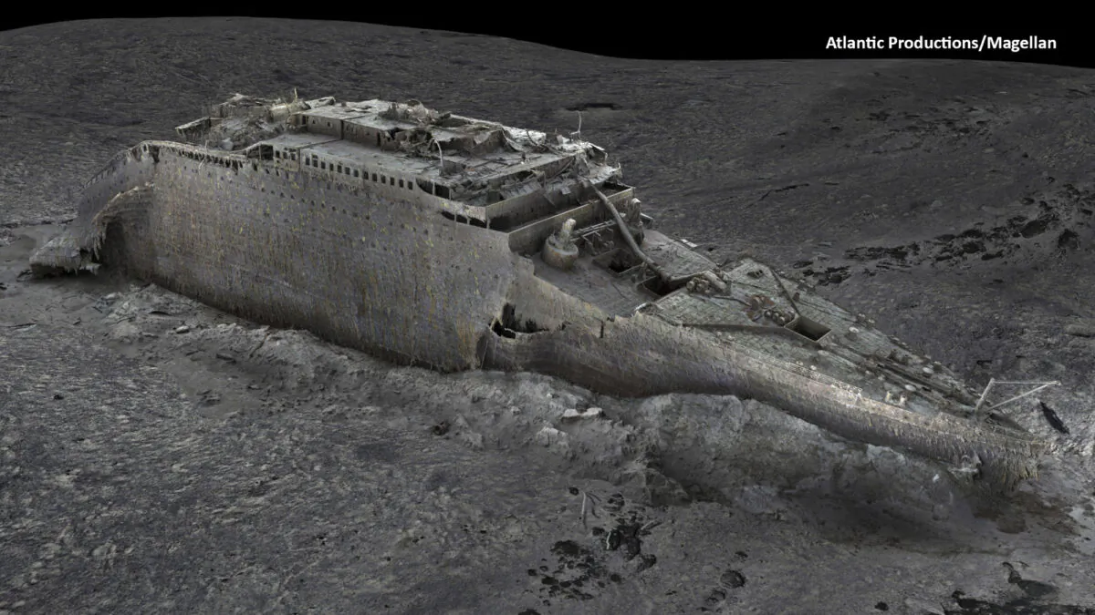 A view of the bow of the Titanic in the Atlantic Ocean, created using deep-sea mapping, in a grab taken from a digital scan released on May 18, 2023. (Atlantic/Magellan via AP)