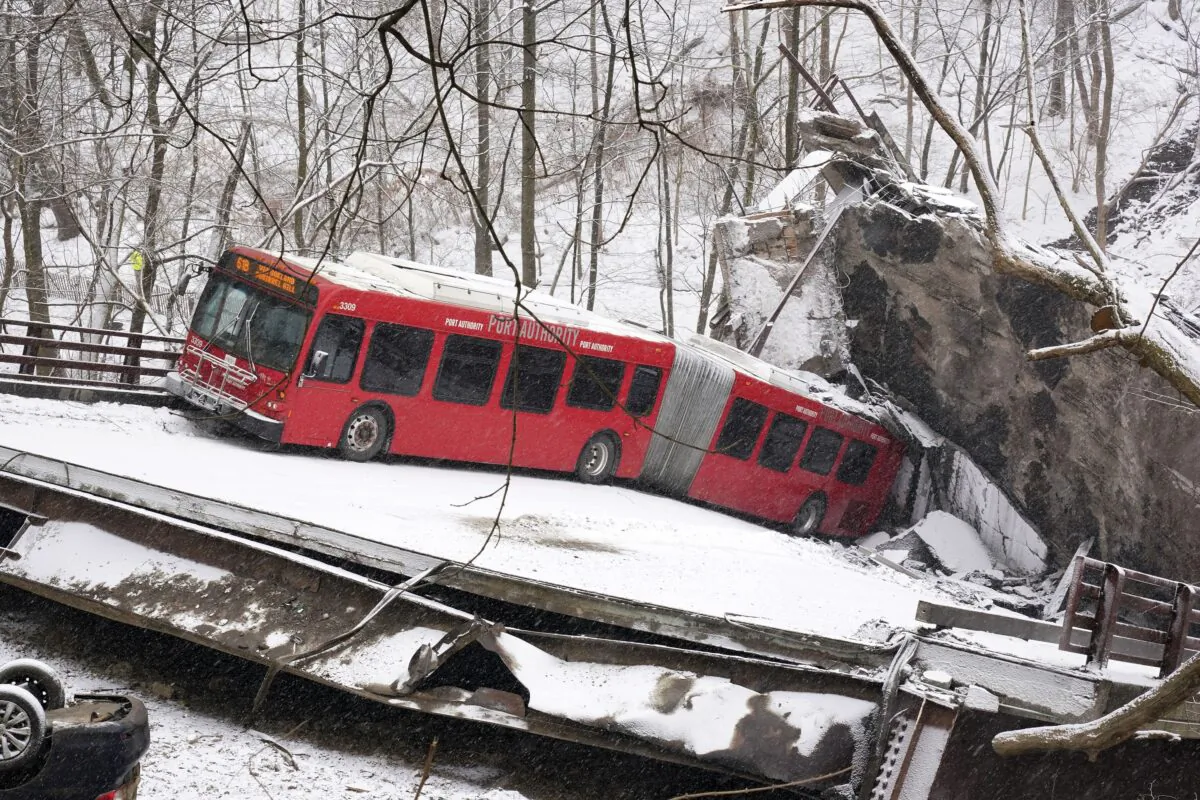 A Pittsburgh Transit Authority bus that was on the Fern Hollow Bridge in Pittsburgh on Jan. 28, 2022, when it collapsed. (Gene J. Puskar/AP Photo)